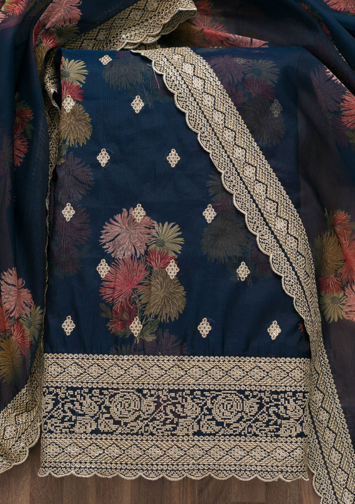 Navy Blue Zariwork Tissue Unstitched Salwar Suit-Koskii