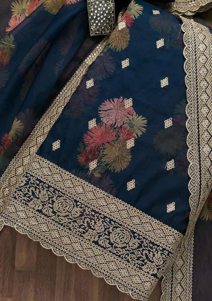 Navy Blue Zariwork Tissue Unstitched Salwar Suit-Koskii