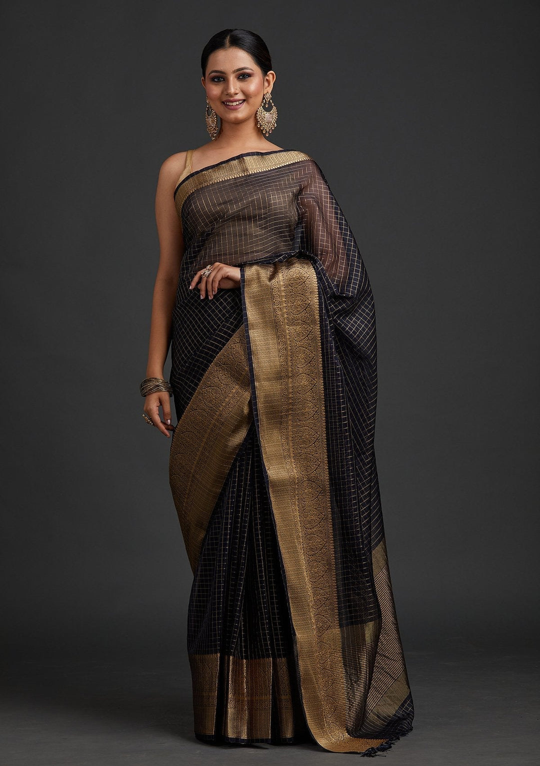 Navy Blue Zariwork Tissue Designer Saree - koskii