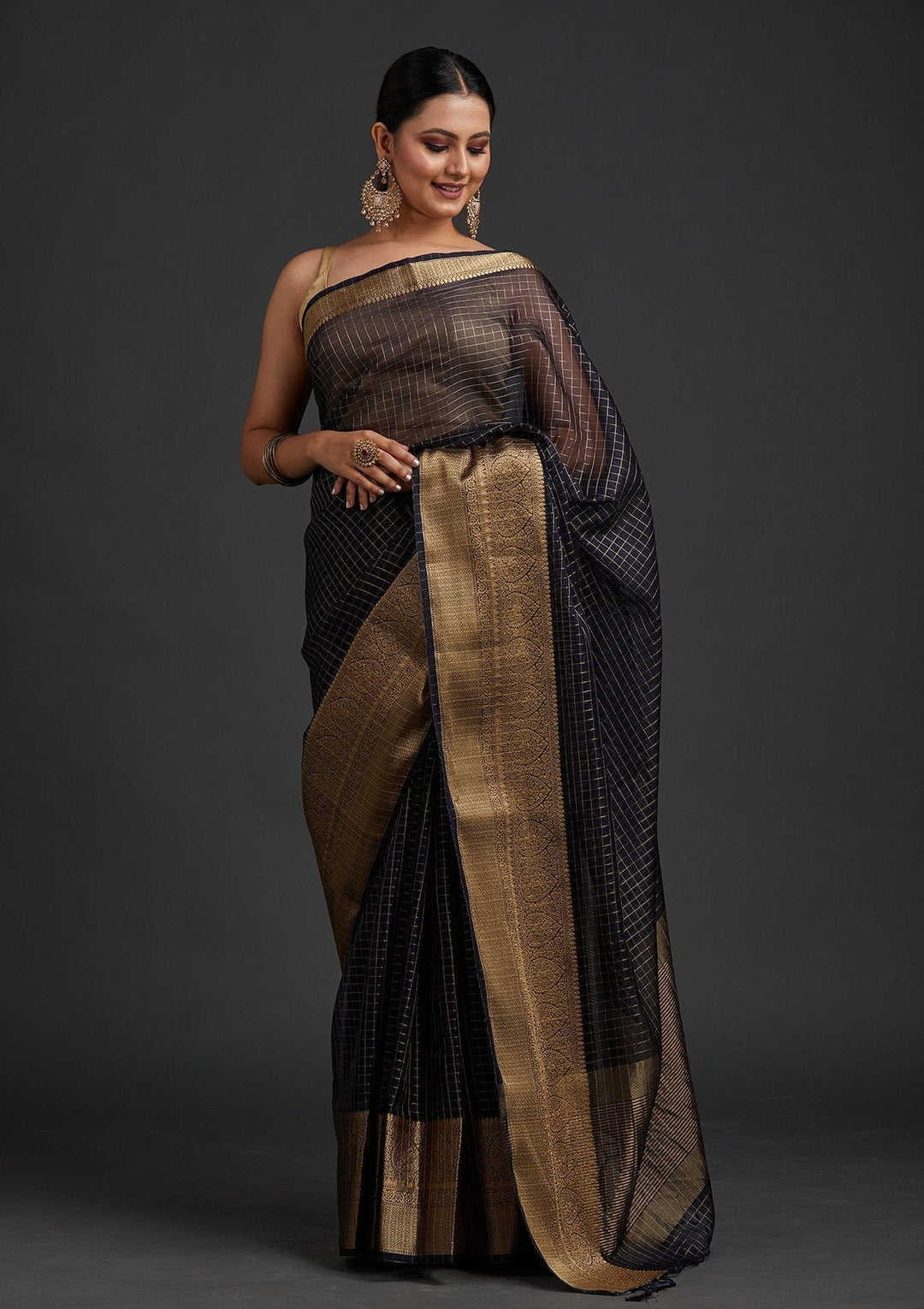 Navy Blue Zariwork Tissue Designer Saree - koskii