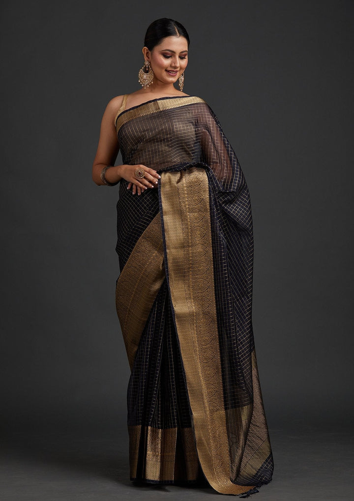 Navy Blue Zariwork Tissue Designer Saree - koskii