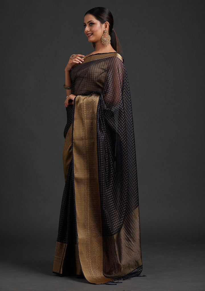 Navy Blue Zariwork Tissue Designer Saree - koskii