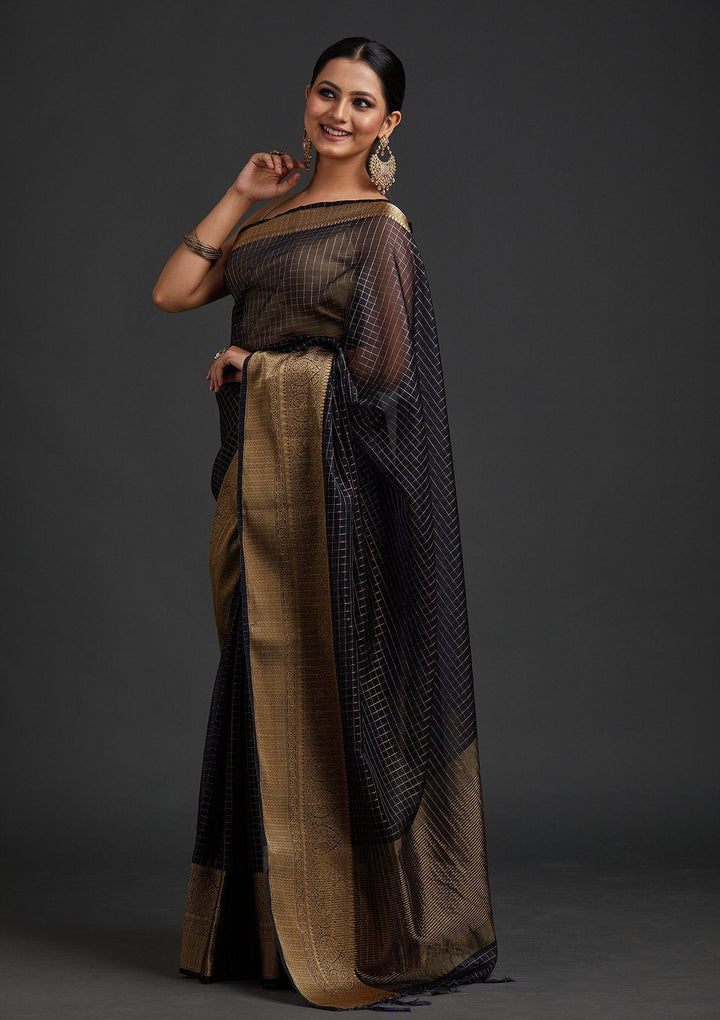 Navy Blue Zariwork Tissue Designer Saree - koskii