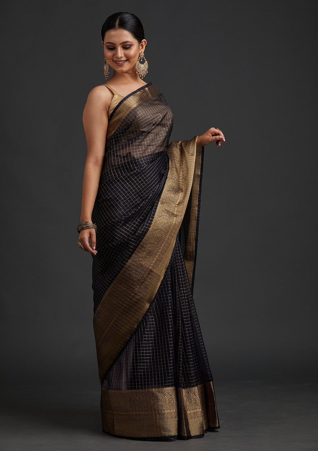 Navy Blue Zariwork Tissue Designer Saree - koskii