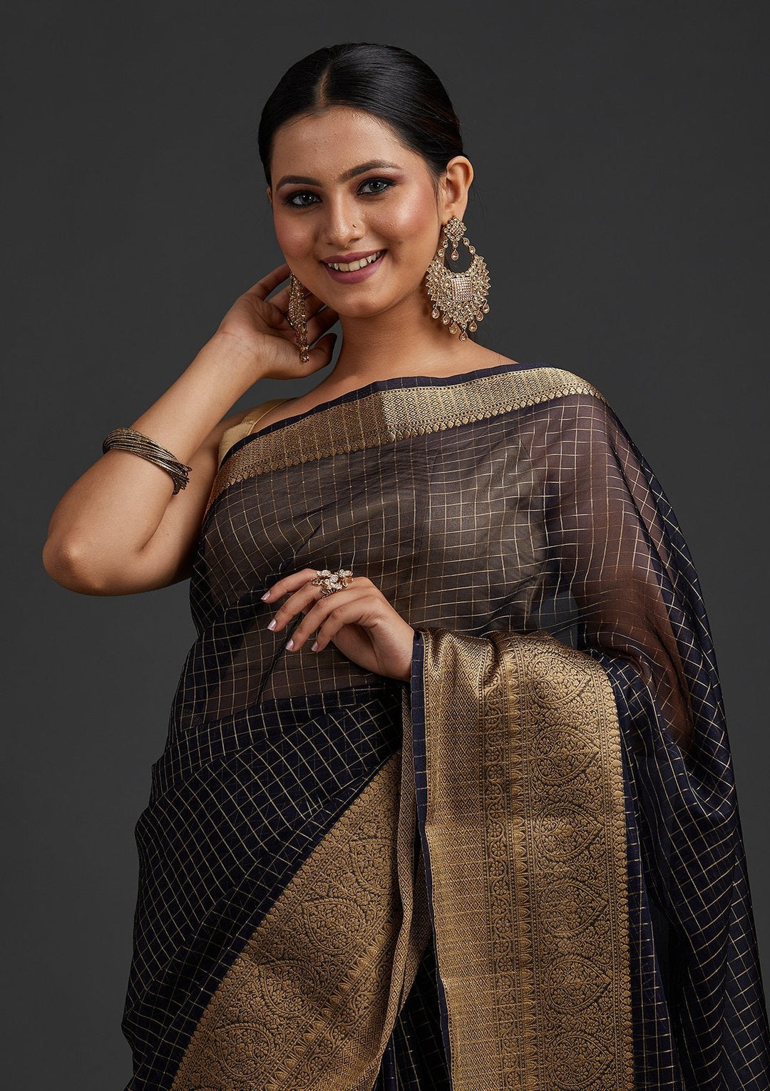 Navy Blue Zariwork Tissue Designer Saree - koskii