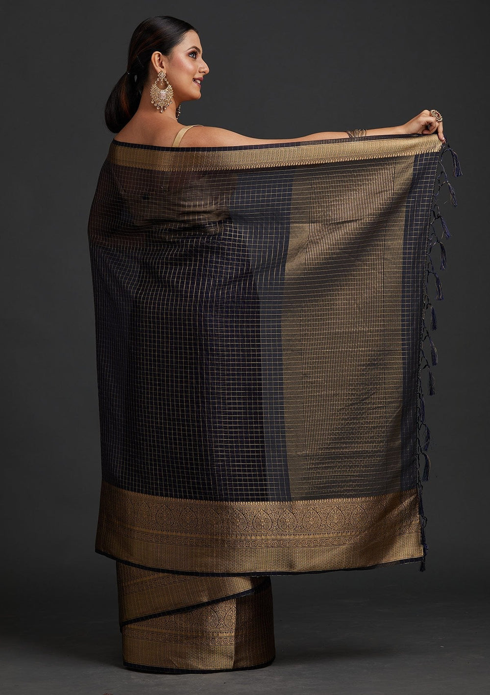 Navy Blue Zariwork Tissue Designer Saree - koskii
