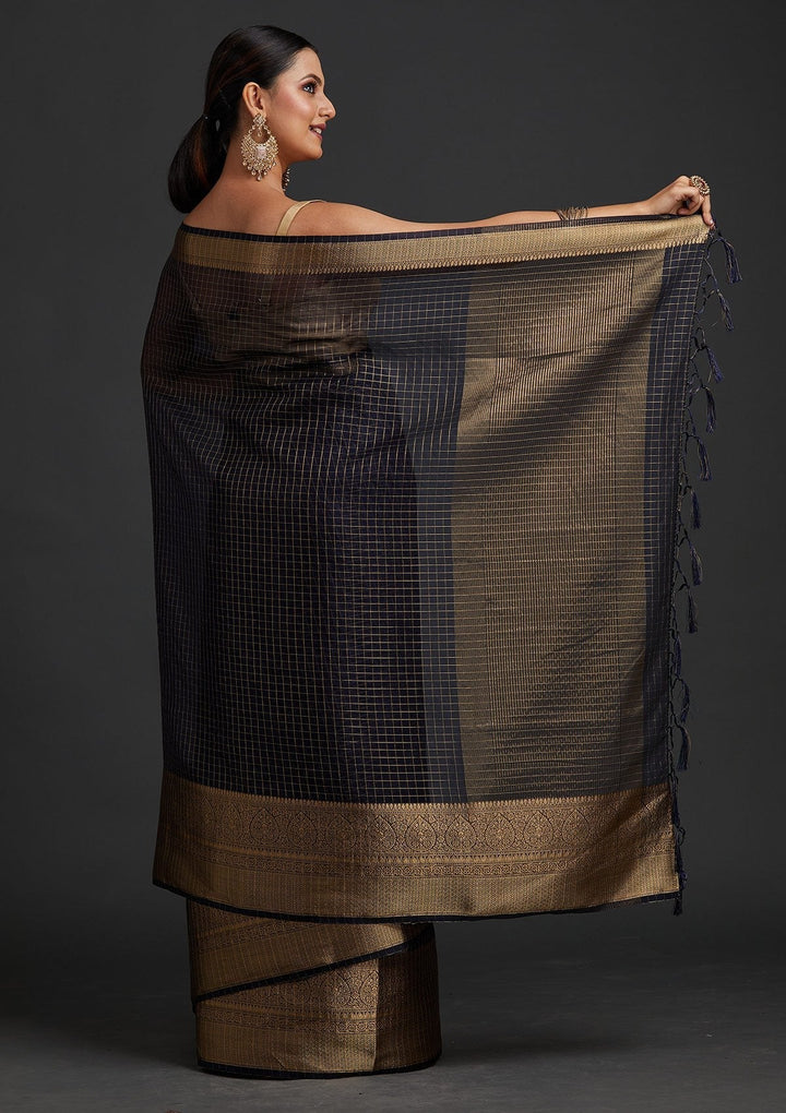 Navy Blue Zariwork Tissue Designer Saree - koskii