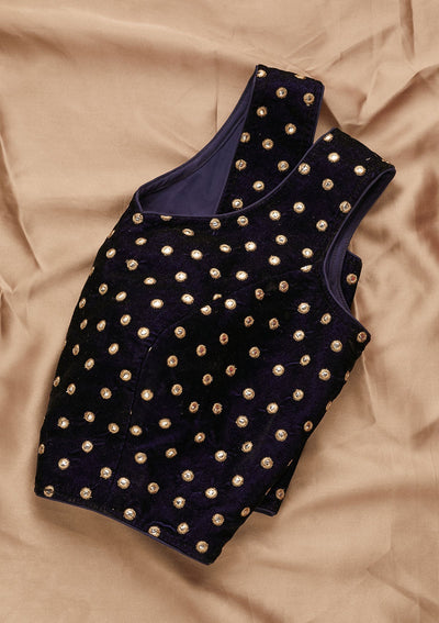 Navy Blue Zariwork Velvet Designer Readymade Blouse - Koskii