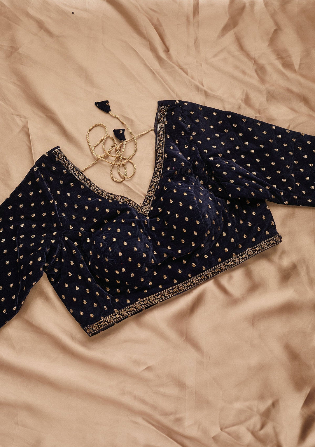 Navy Blue Zariwork Velvet Designer Readymade Blouse - Koskii