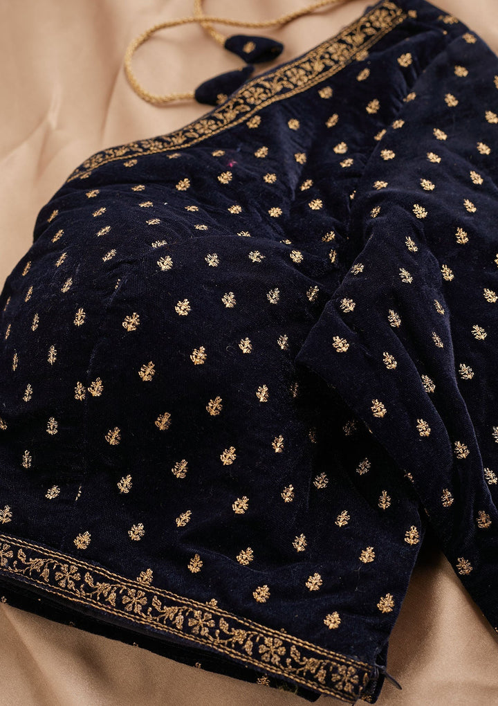 Navy Blue Zariwork Velvet Designer Readymade Blouse - Koskii