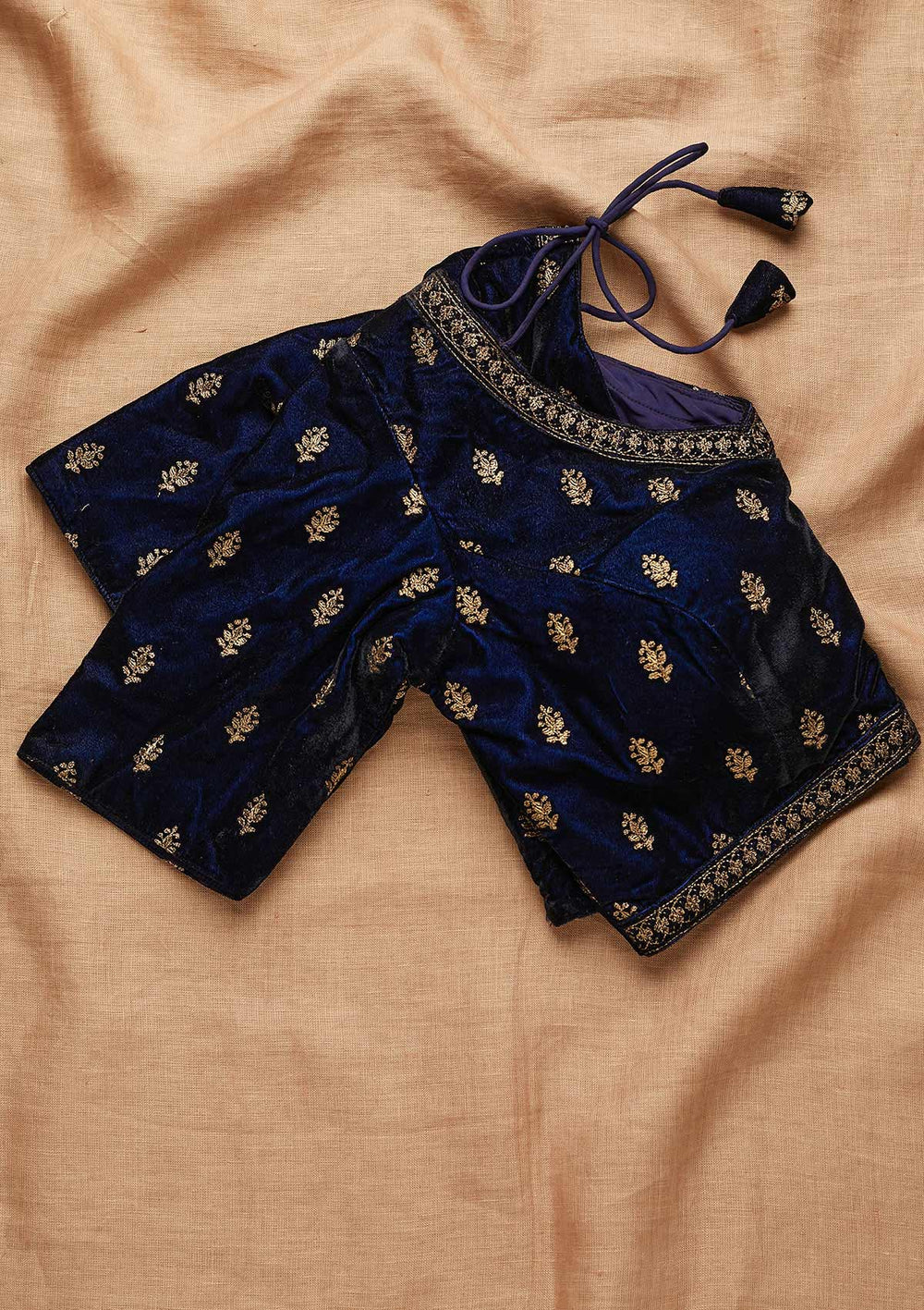 Navy Blue Zariwork Velvet Blouse-Koskii