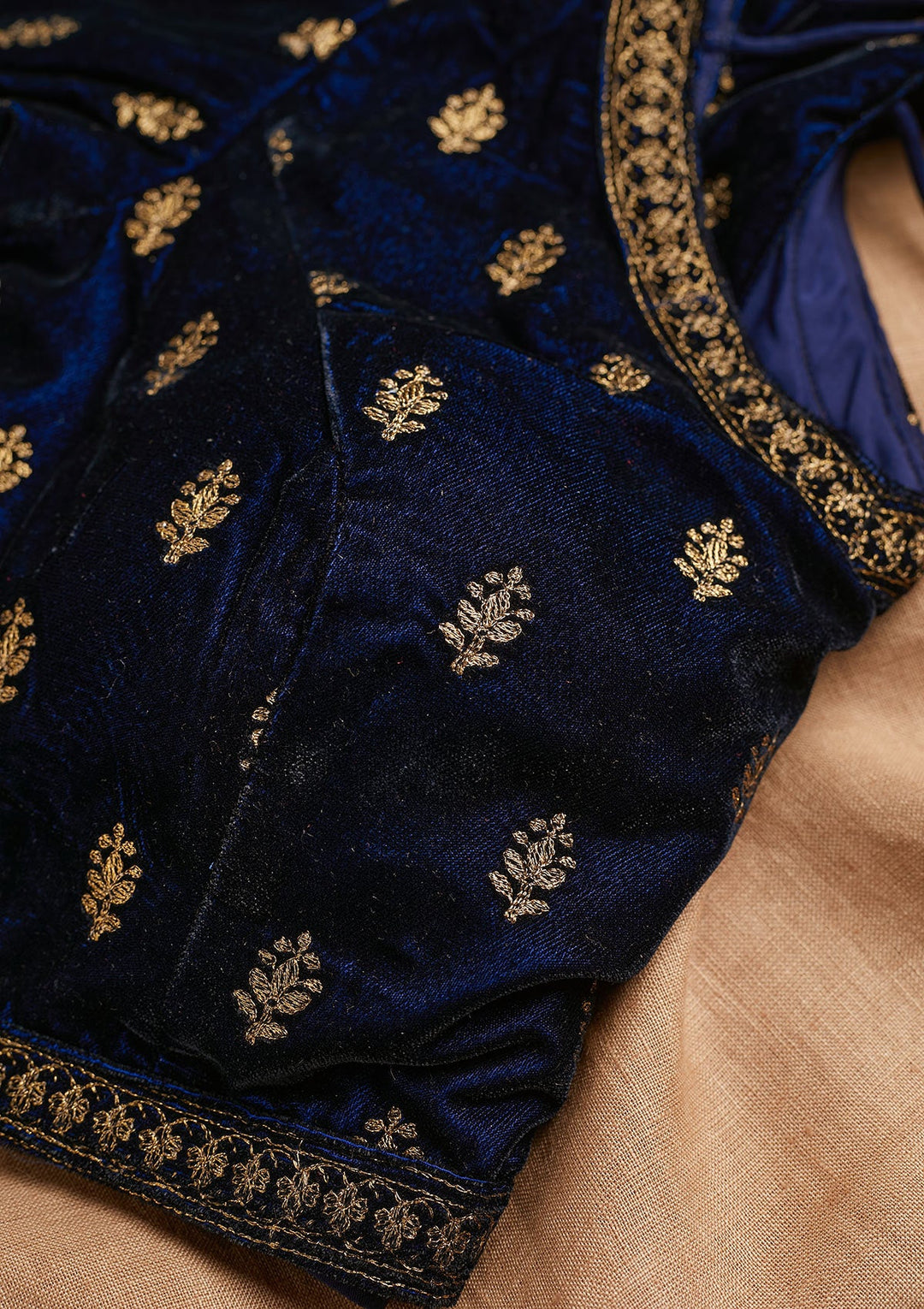 Navy Blue Zariwork Velvet Blouse-Koskii