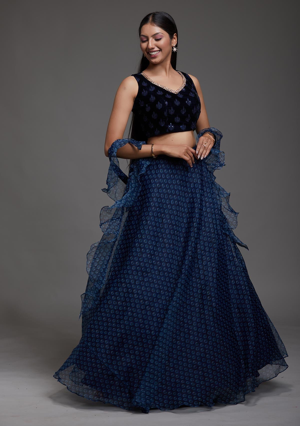 Navy Blue Zariwork Velvet Designer Lehenga-Koskii
