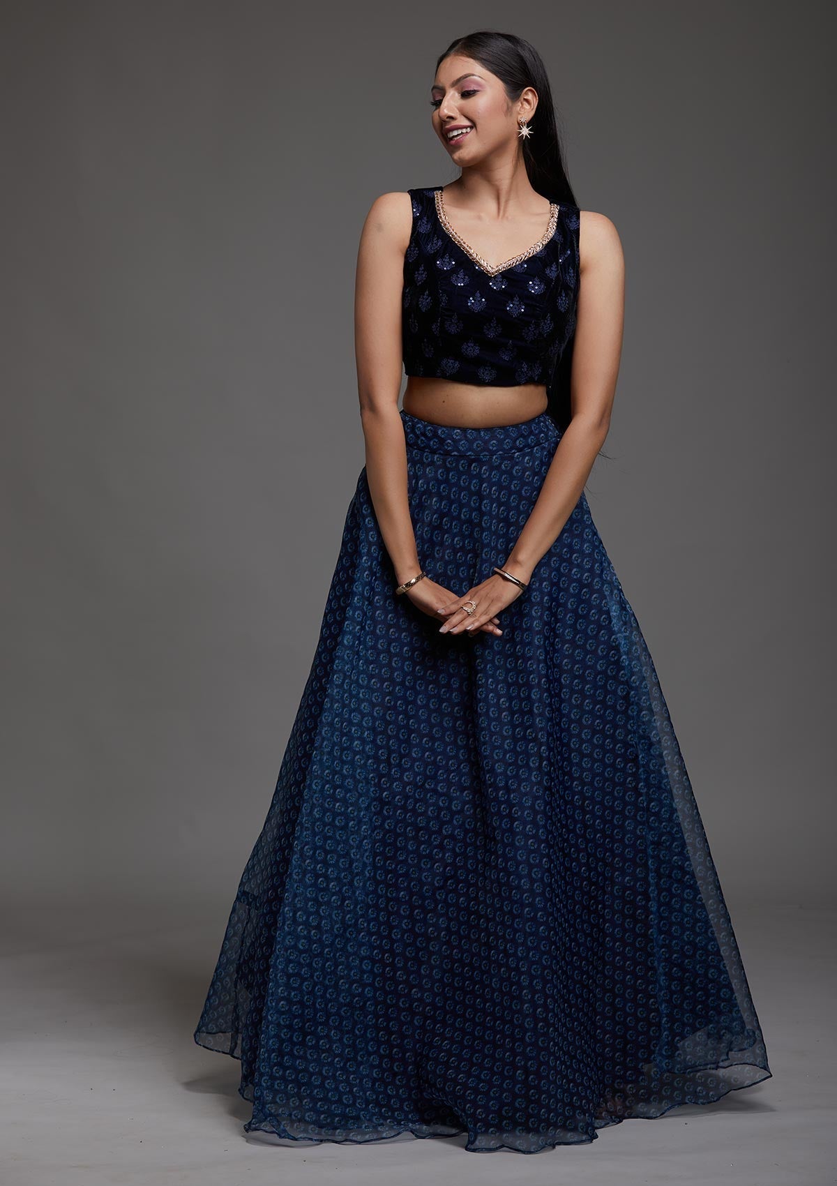 Navy Blue Zariwork Velvet Designer Lehenga-Koskii