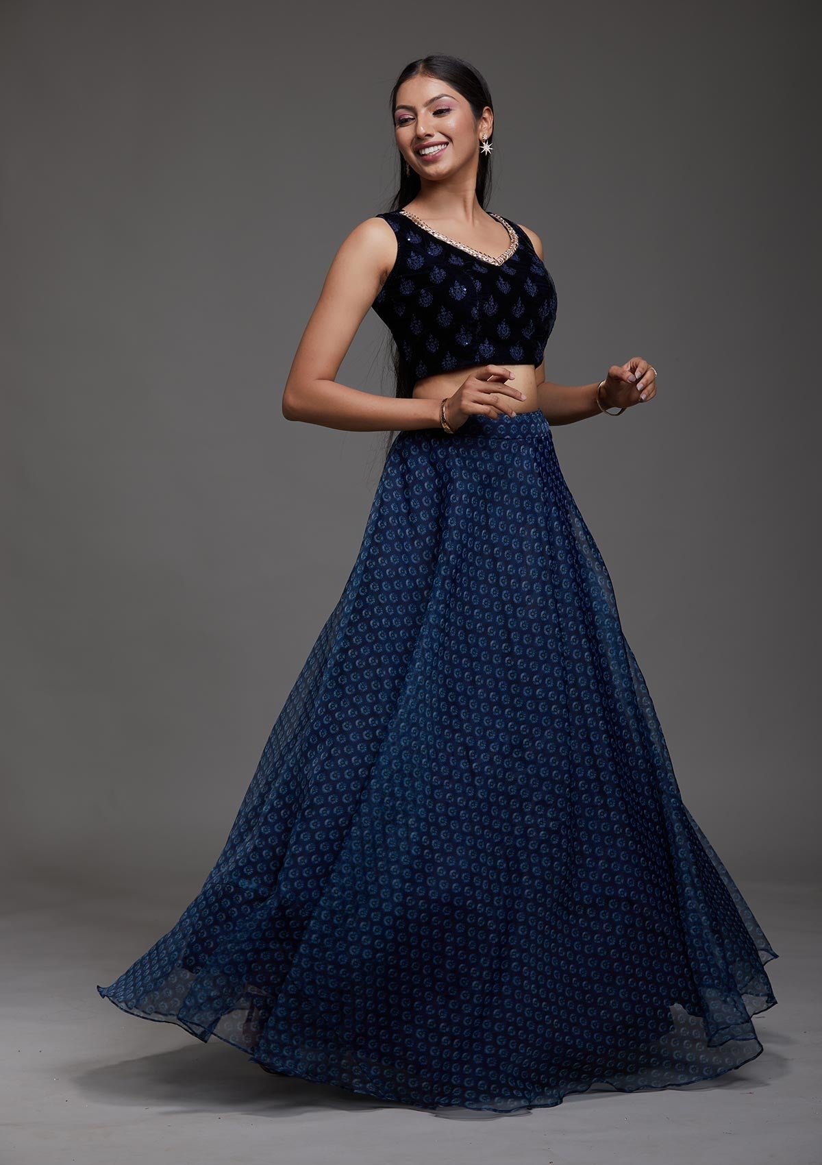 Navy Blue Zariwork Velvet Designer Lehenga-Koskii