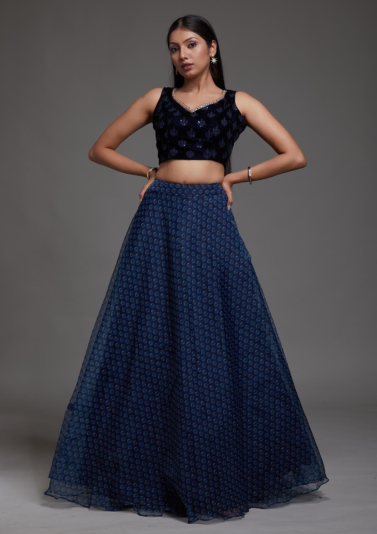 Navy Blue Zariwork Velvet Designer Lehenga-Koskii