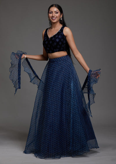 Navy Blue Zariwork Velvet Designer Lehenga-Koskii