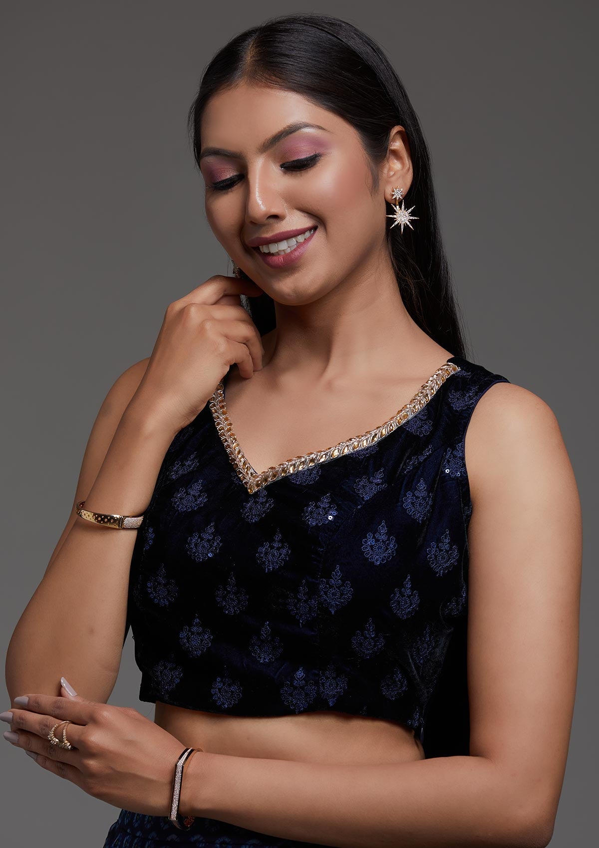 Navy Blue Zariwork Velvet Designer Lehenga-Koskii