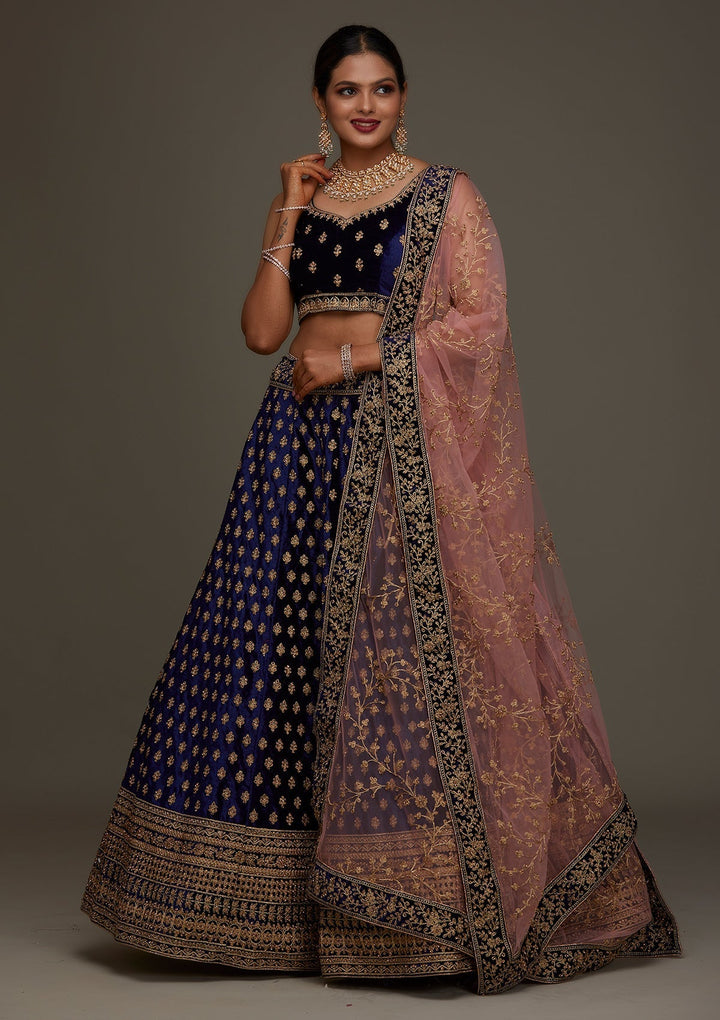 Navy Blue Zariwork Velvet Designer Semi-Stitched Lehenga- Koskii