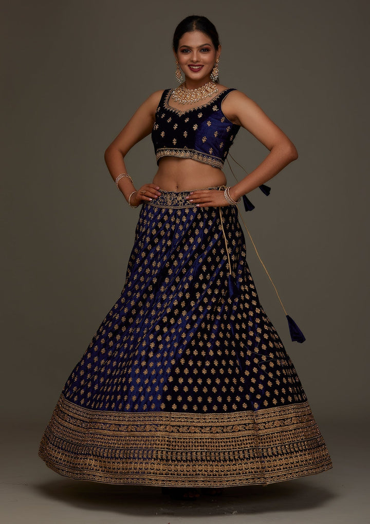 Navy Blue Zariwork Velvet Designer Semi-Stitched Lehenga - Koskii