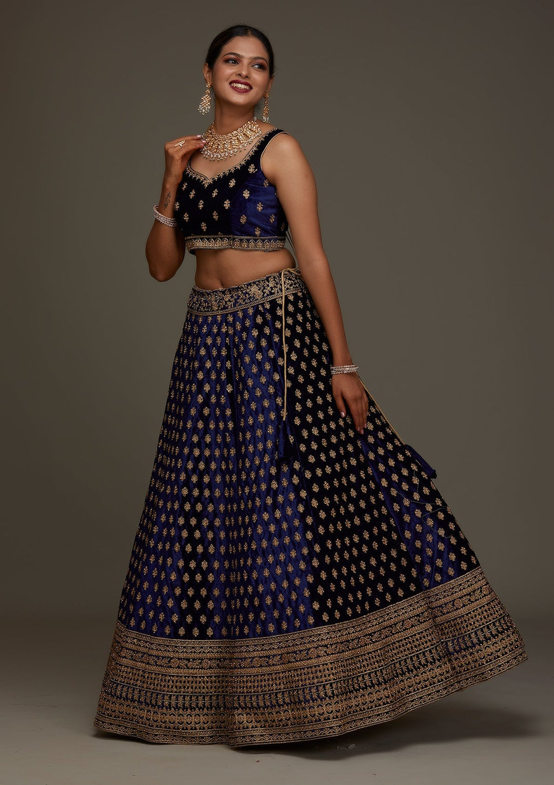 Navy Blue Zariwork Velvet Designer Semi-Stitched Lehenga - Koskii