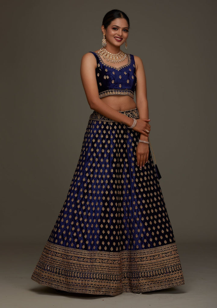 Navy Blue Zariwork Velvet Designer Semi-Stitched Lehenga - Koskii