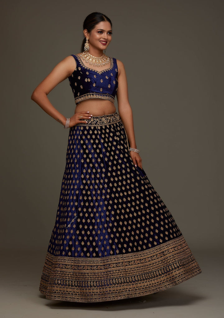 Navy Blue Zariwork Velvet Designer Semi-Stitched Lehenga - Koskii