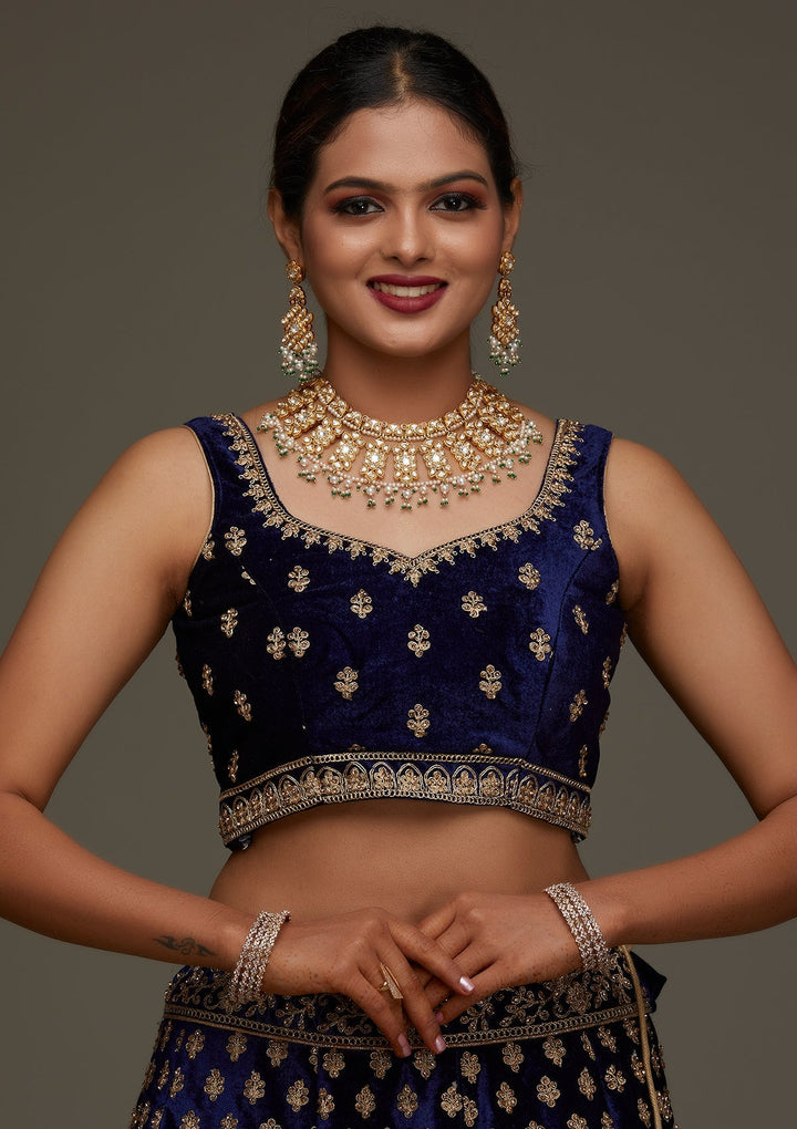 Navy Blue Zariwork Velvet Designer Semi-Stitched Lehenga - Koskii