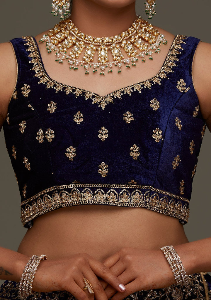 Navy Blue Zariwork Velvet Designer Semi-Stitched Lehenga - Koskii