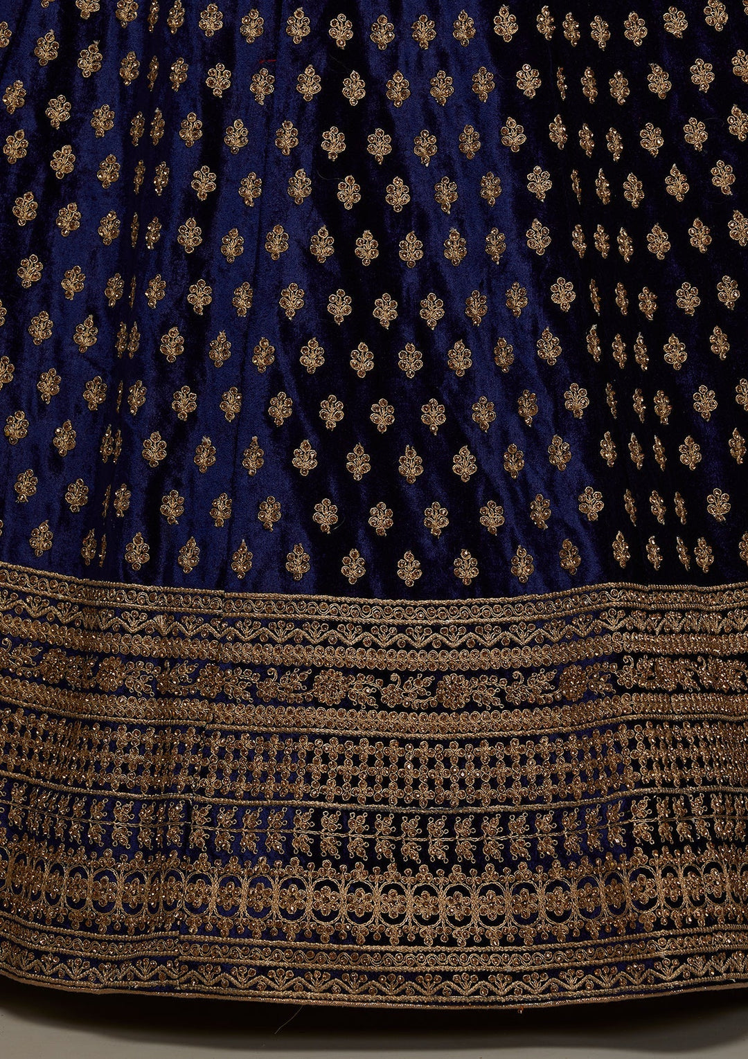 Navy Blue Zariwork Velvet Designer Semi-Stitched Lehenga - Koskii