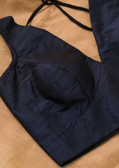 Navy Blue Solid Raw Silk Blouse-Koskii
