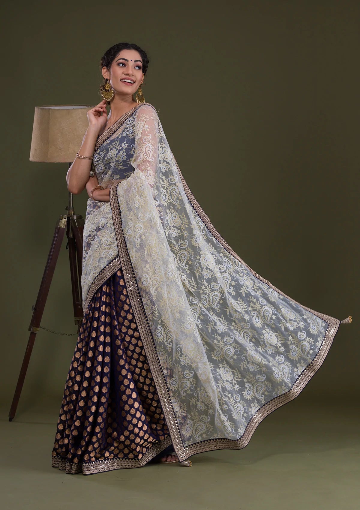 Navy Blue Stonework Net Saree-Koskii