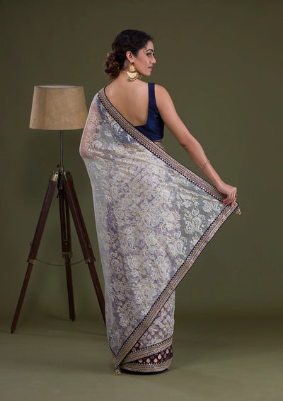 Navy Blue Stonework Net Saree-Koskii