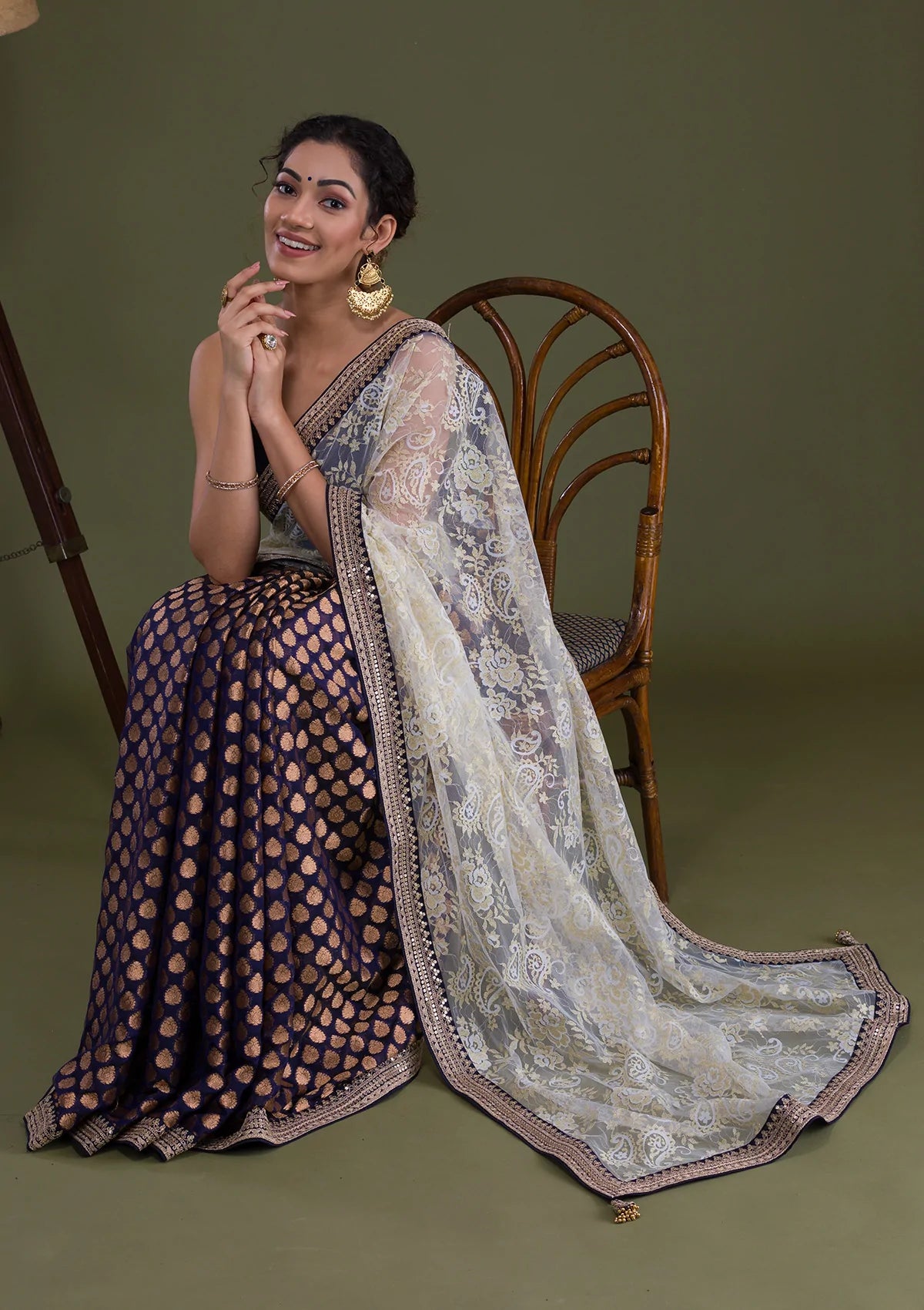 Navy Blue Stonework Net Saree-Koskii