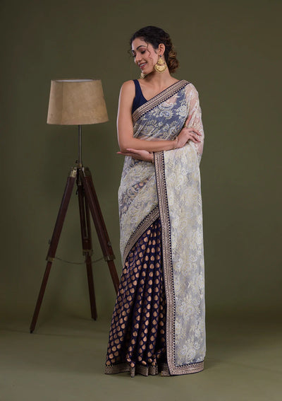 Navy Blue Stonework Net Saree-Koskii