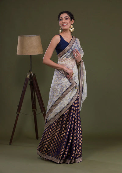 Navy Blue Stonework Net Saree-Koskii