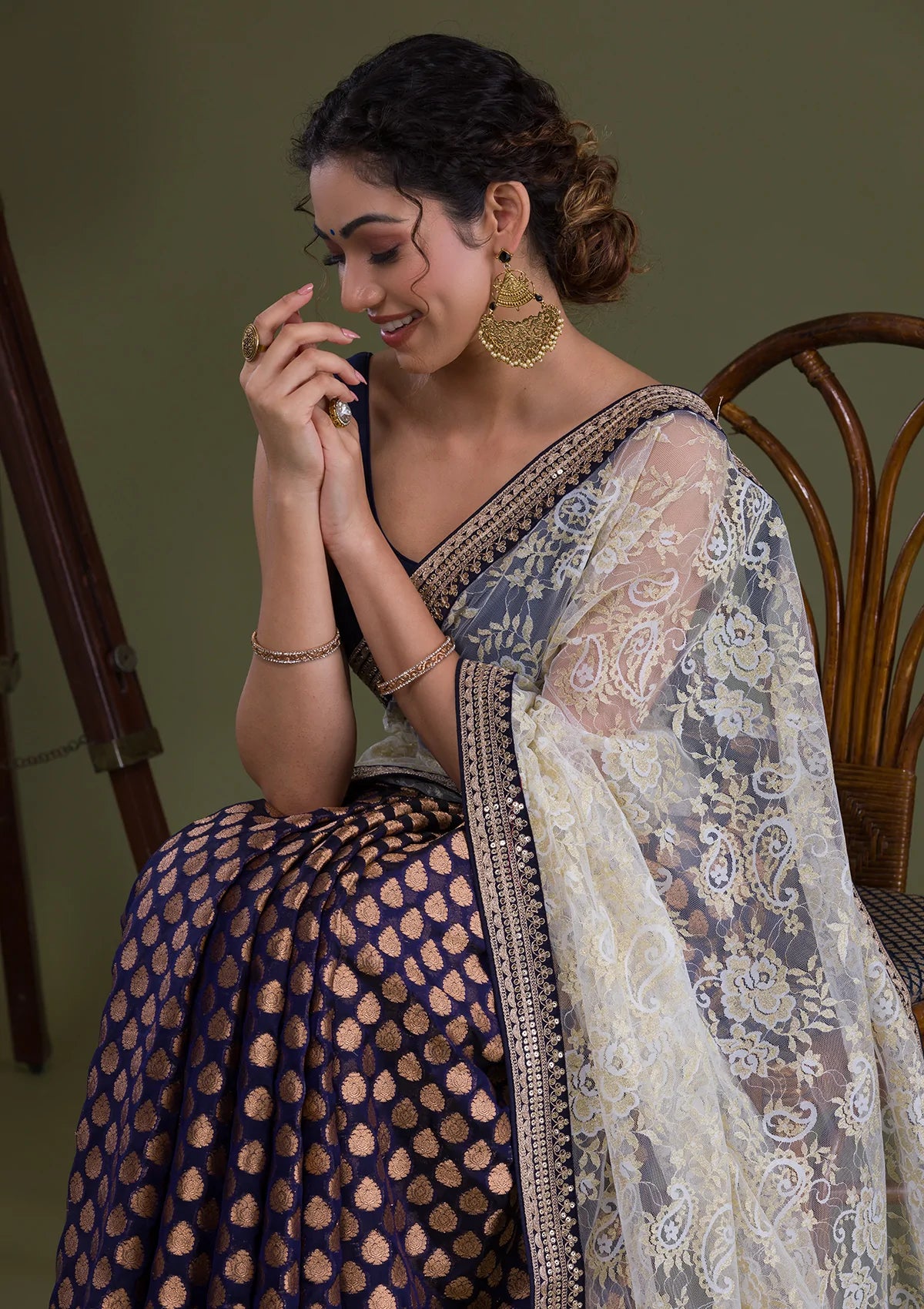 Navy Blue Stonework Net Saree-Koskii