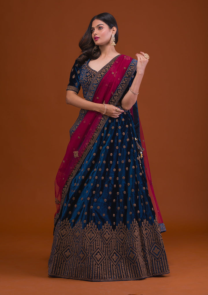 Navy Blue Stonework Velvet Readymade Lehenga-Koskii