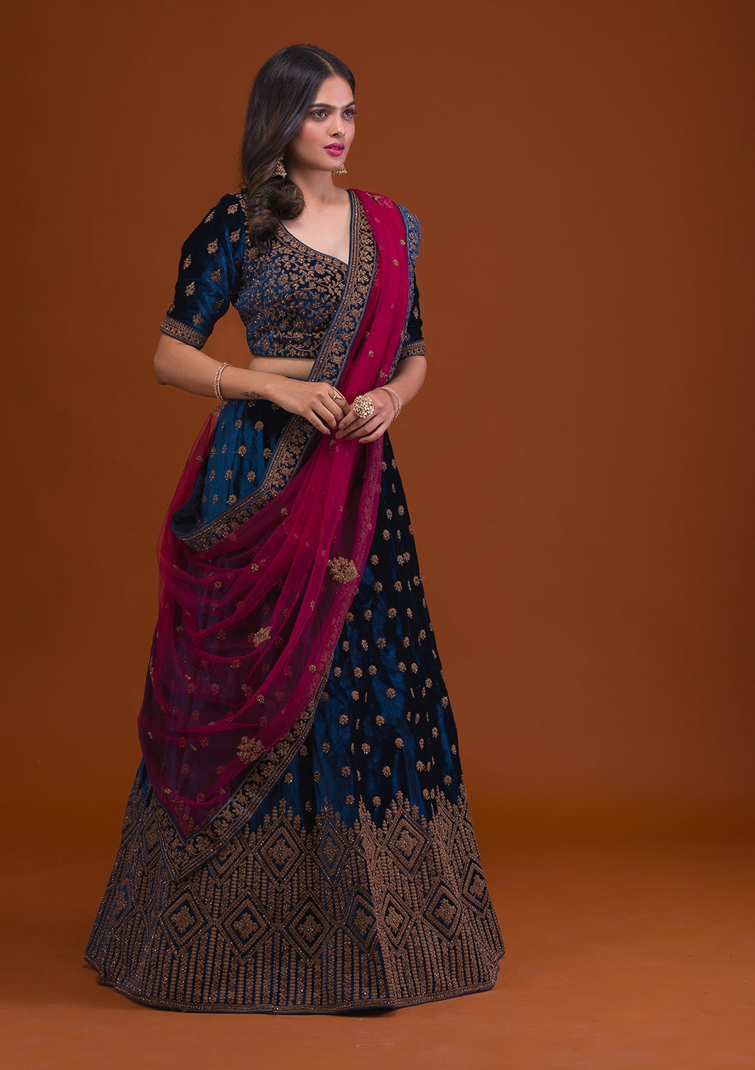 Navy Blue Stonework Velvet Readymade Lehenga-Koskii