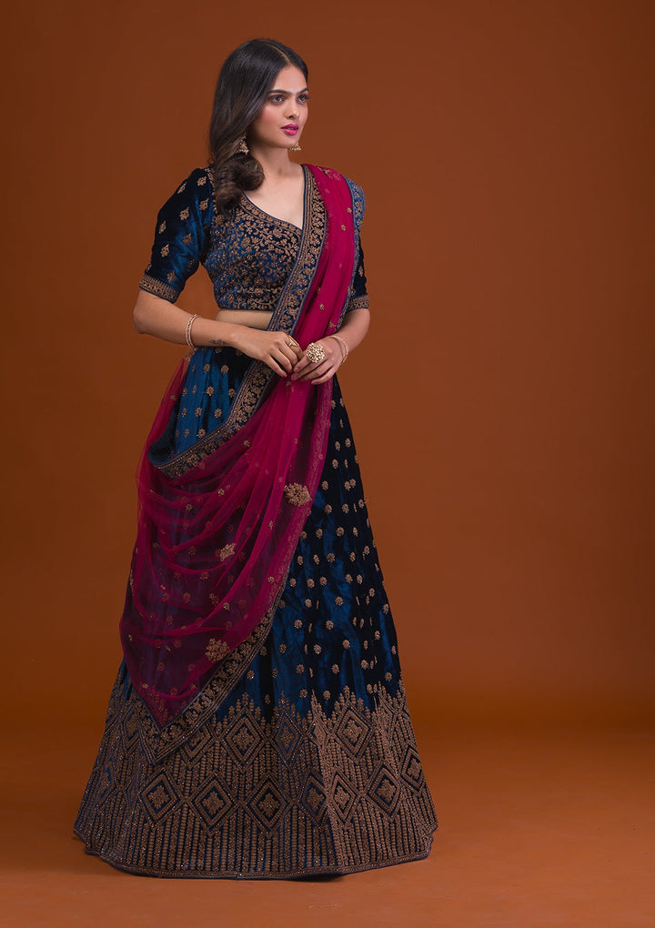 Navy Blue Stonework Velvet Readymade Lehenga-Koskii