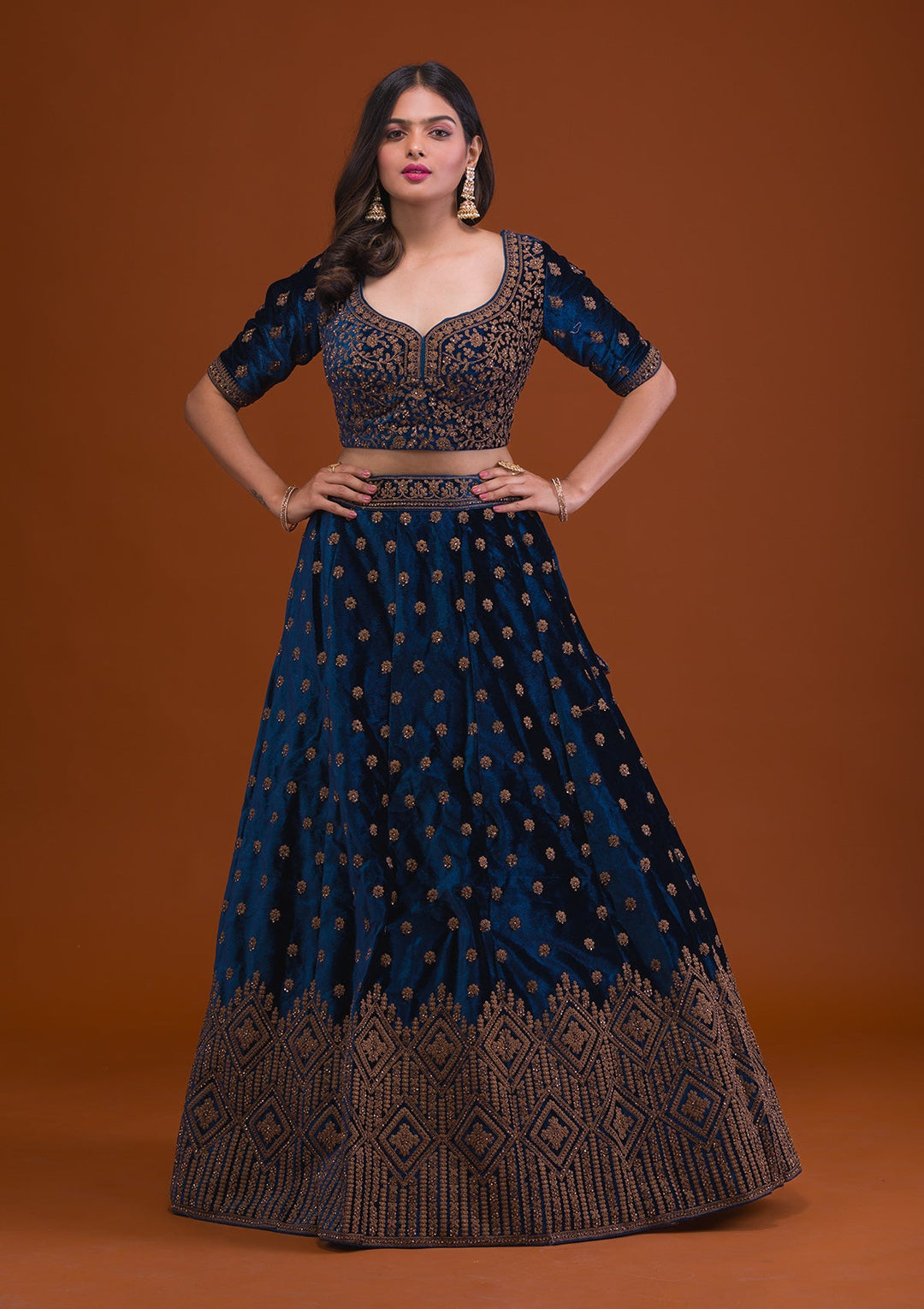 Navy Blue Stonework Velvet Readymade Lehenga-Koskii