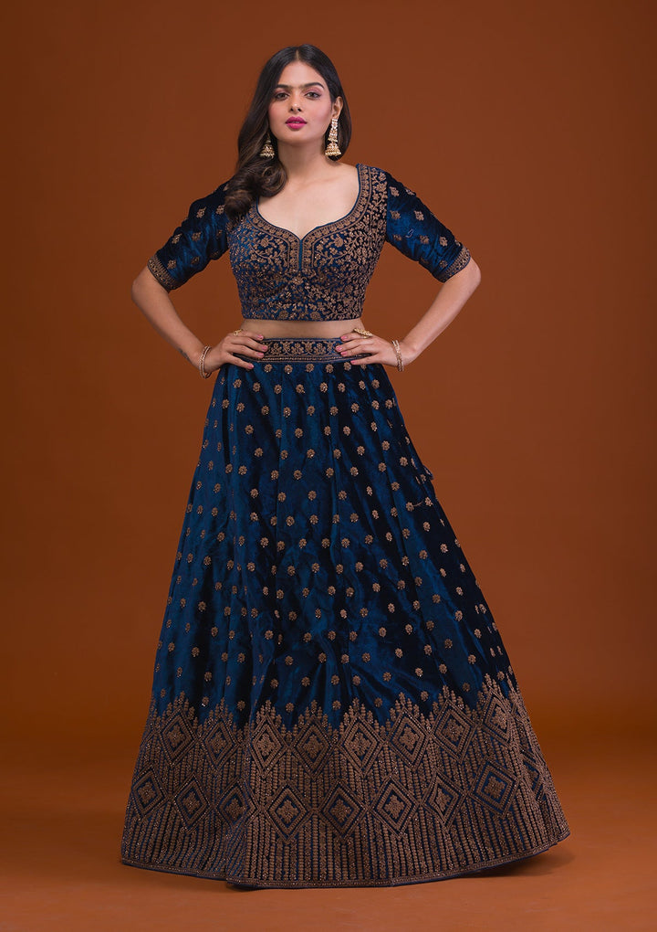 Navy Blue Stonework Velvet Readymade Lehenga-Koskii