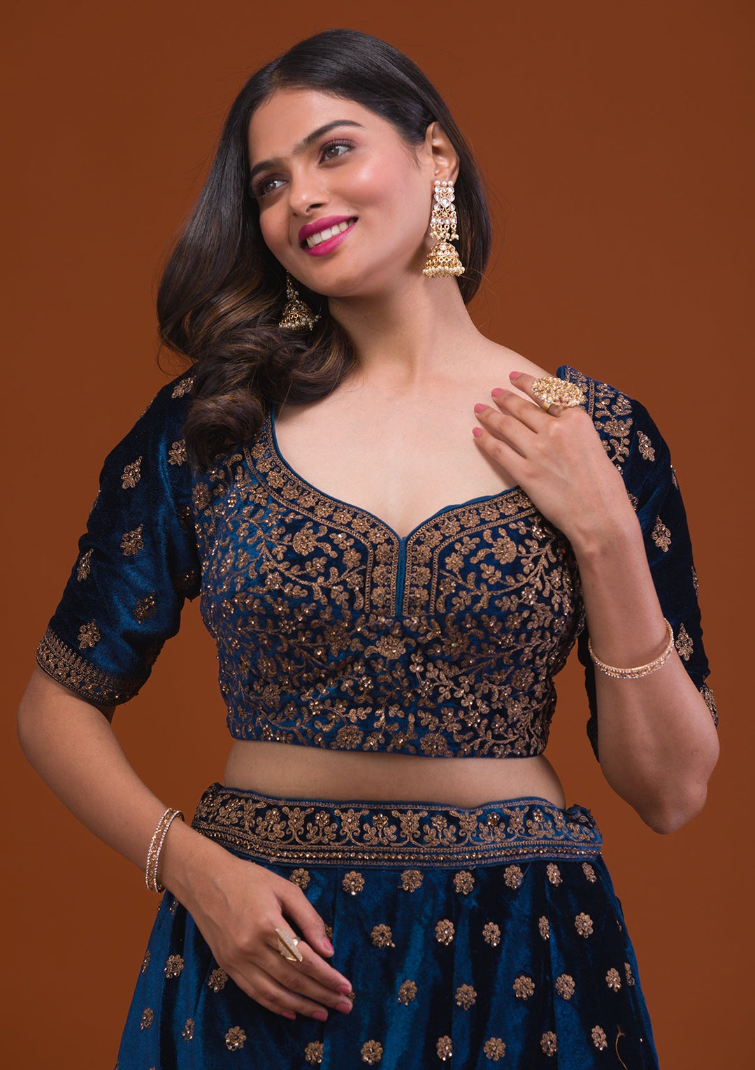 Navy Blue Stonework Velvet Readymade Lehenga-Koskii