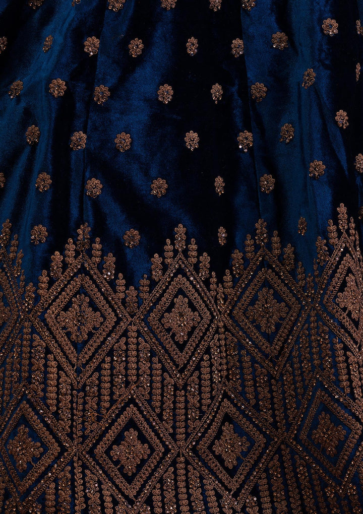 Navy Blue Stonework Velvet Readymade Lehenga-Koskii