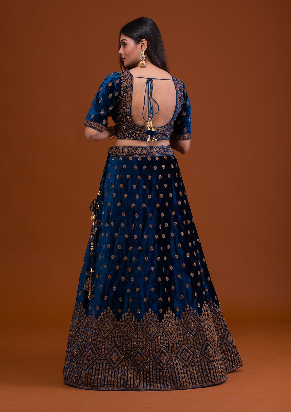 Navy Blue Stonework Velvet Readymade Lehenga-Koskii
