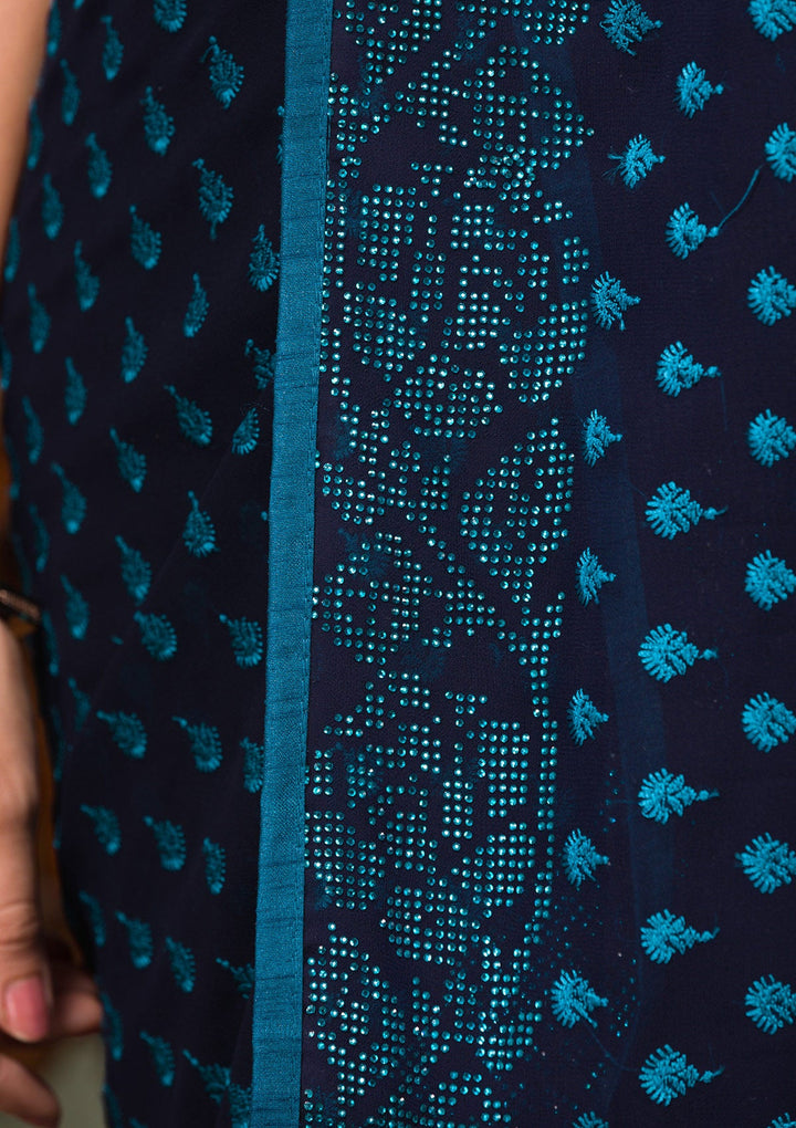 Navy Blue Swarovski Georgette Saree-Koskii