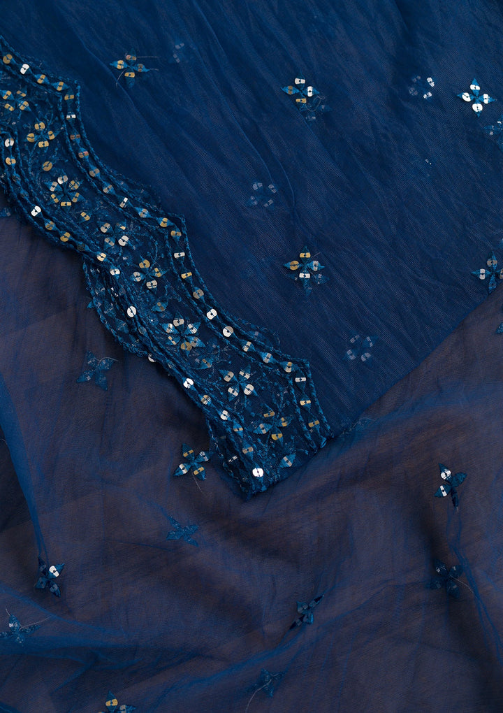 Navy Blue Threadwork Net Dupatta-Koskii