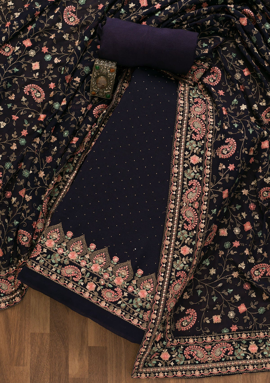 Navy Blue Threadwork Georgette Unstitched Salwar Kameez-Koskii