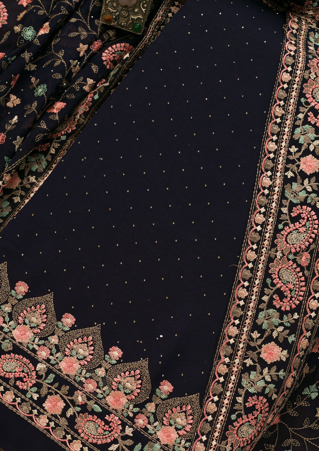 Navy Blue Threadwork Georgette Unstitched Salwar Kameez-Koskii