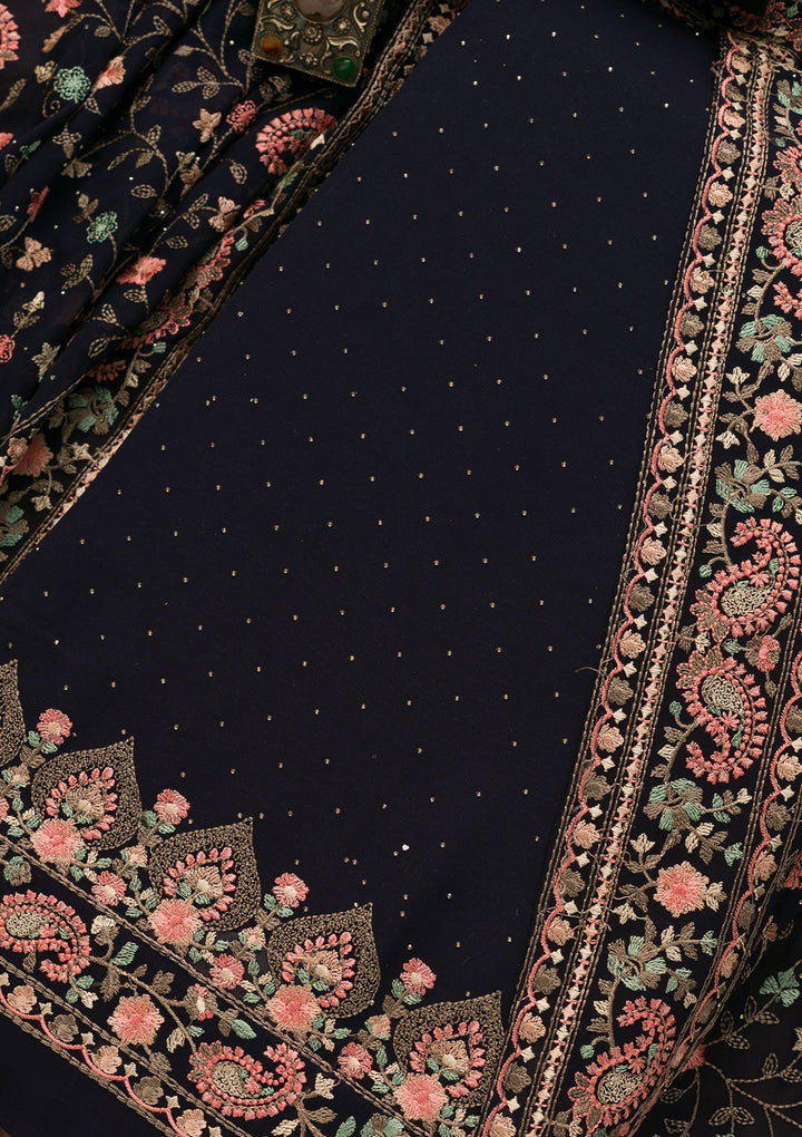 Navy Blue Threadwork Georgette Unstitched Salwar Kameez-Koskii